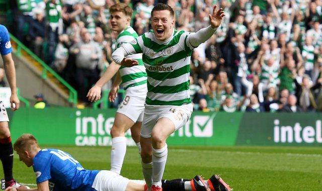 Celtic midfielder Callum McGregor scores against Rangers