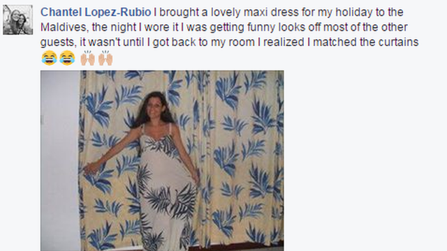 Chantel Lopez-Rubio wearing a dress that matched her hotel room curtains