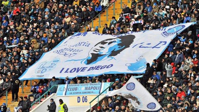 Diego Maradona visited Naples to celebrate the 30th anniversary of Napoli's first title win and home fans unfurled a banner in tribute to their former player during the game against Pescara