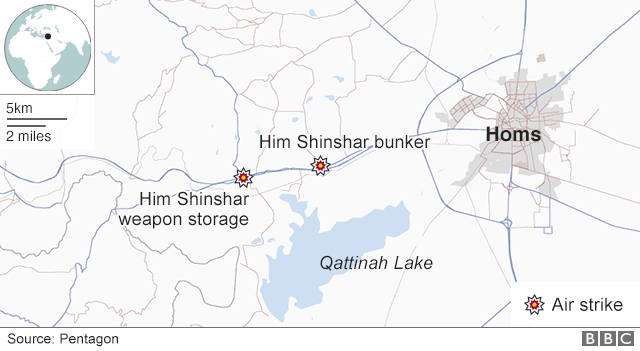 Map showing city of Homs and location of two confirmed air strikes