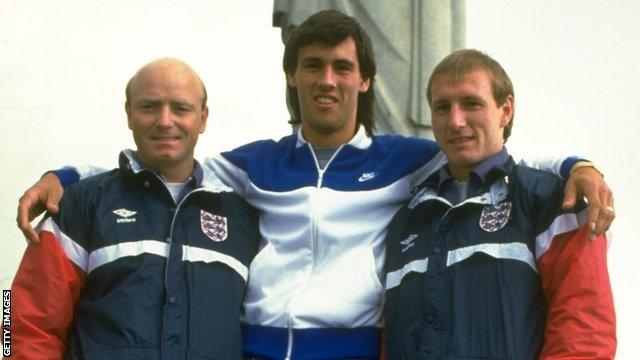 Steve Hunt (right) pictured in Brazil while on England duty in June 1984 with Mark Hateley (centre) and David Armstrong