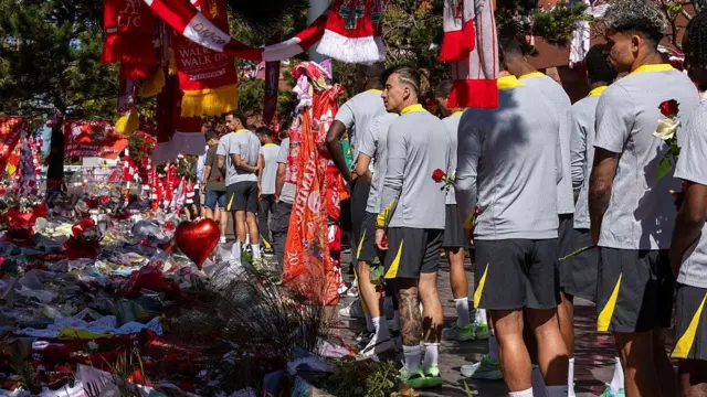 A behind shot of Liverpool players among the Anfield tributes