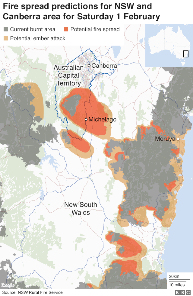 Map of predicted fire around Canberra for 1 Feb