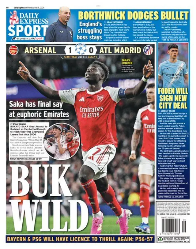 Daily Express back page 'Buk Wild' Bukayo Saka celebrates