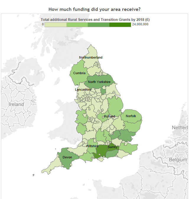 Map showing transition and rural services funding