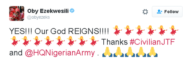 Tweet reads: YES!!! Our God REIGNS!!!! Thanks #CivilianJTF and @HQNigerianArmy - and includes lots of emojis of dancers and praying hands