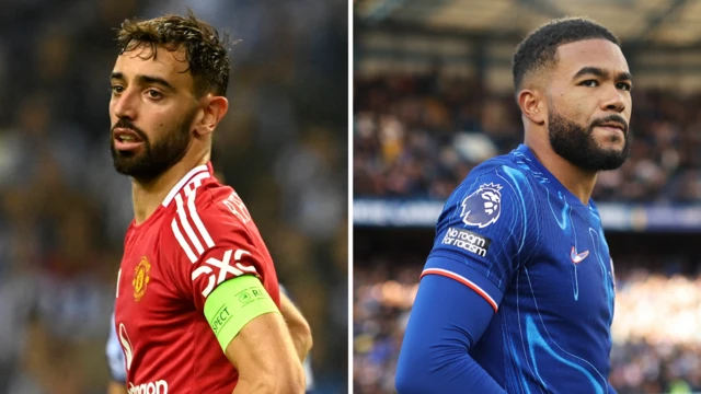 Split image of Bruno Fernandes and Reece James