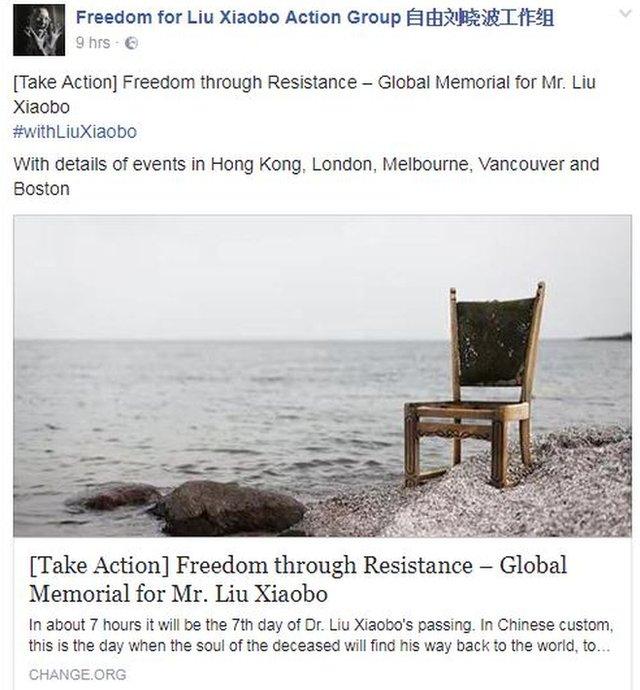 A Facebook post from the Freedom for Liu Xiaobo Action Group shows a chair on the seashore and links to a post with details of memorial events around the world.