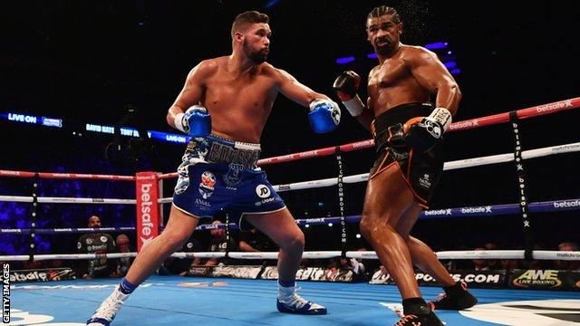 David Haye and Tony Bellew in action during their Heavyweight contest at The O2 Arena