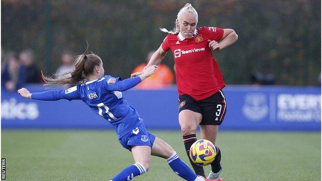 Manchester United's Maria Thorisdottir in action with Everton's Jessica Park