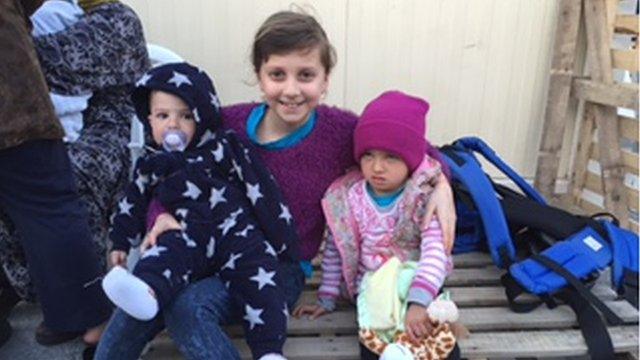 Layla with refugee children at the refugee camp in Samos, Greece.