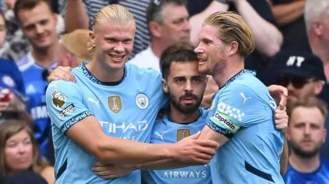 Erling Haaland, Bernardo Silva and Kevin De Bruyne celebrate