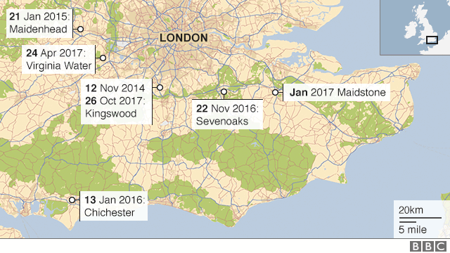 A map showing the locations of the burglaries - • 12 November 2014 - Kingswood, Surrey; 21 January 2015 - Maidenhead area, Berkshire; • 13 January 2016 - Chichester area, Sussex; • 22 November 2016 - Sevenoaks area, Kent; • January 2017 - Maidstone area, Kent; • 24 April 2017 - Virginia Water area, Surrey; • 26 October 2017 - Kingswood, Surrey