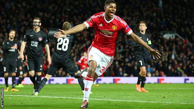 Manchester United debutant Marcus Rashford celebrates scoring in the Europa League