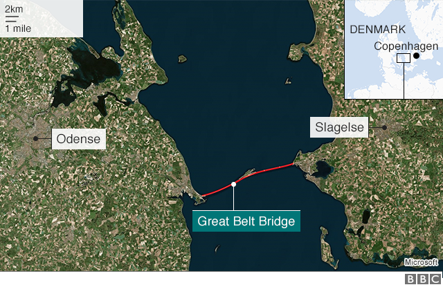 Map of Denmark showing the Great Belt Bridge