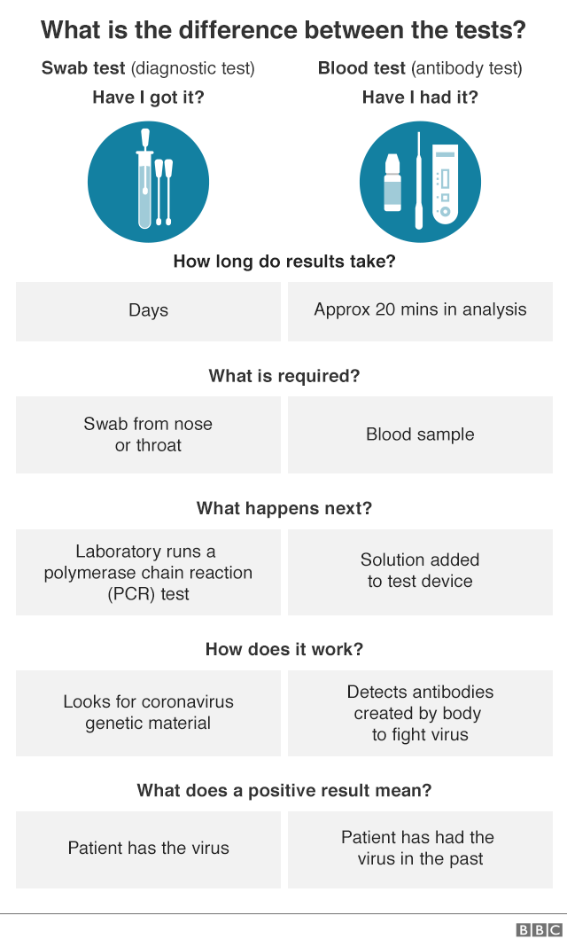 Graphic showing difference between swab testing and antibody testing