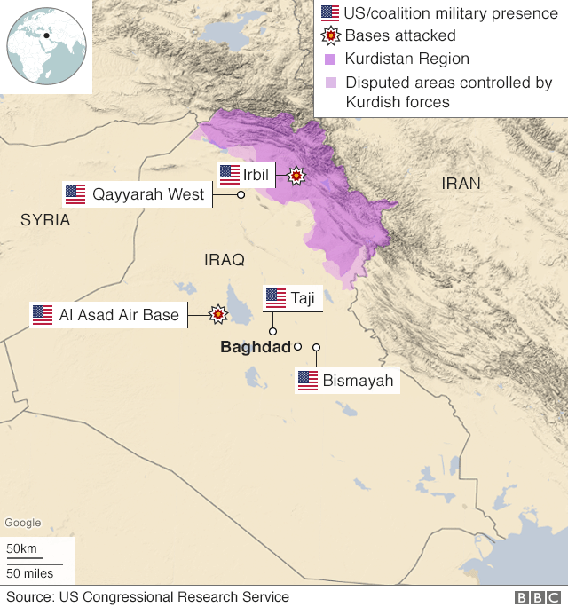 Map showing US military presence in Iraq and bases targeted by Iranian missiles