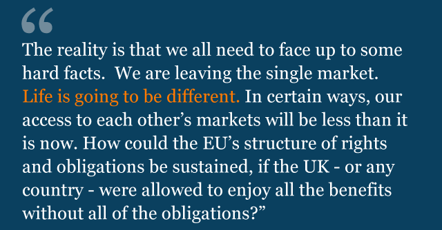 Text from Theresa May's speech saying: I want to be straight with people - because the reality is that we all need to face up to some hard facts. We are leaving the single market. Life is going to be different. In certain ways, our access to each other's markets will be less than it is now. How could the EU's structure of rights and obligations be sustained, if the UK - or any country - were allowed to enjoy all the benefits without all of the obligations?