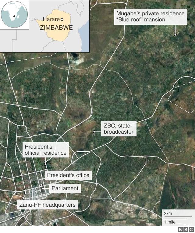 Map of Harare showing key locations inc President's state and private residences