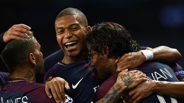 Kylian Mbappe celebrates after Paris St-Germain score against Bayern Munich