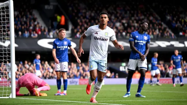 Ollie Watkins of Aston Villa celebrates scoring his team's second goal during the Premier League match between Ipswich Town FC and Aston Villa FC at Portman Road 