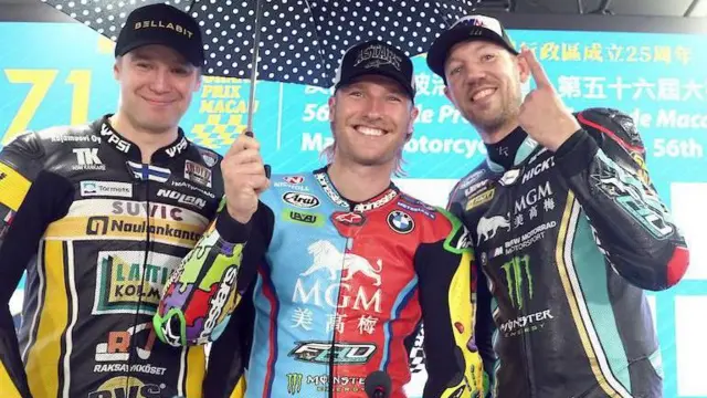 Erno Kostamo, Davey Todd and Peter Hickman pictured at the 2024 Macau Grand Prix