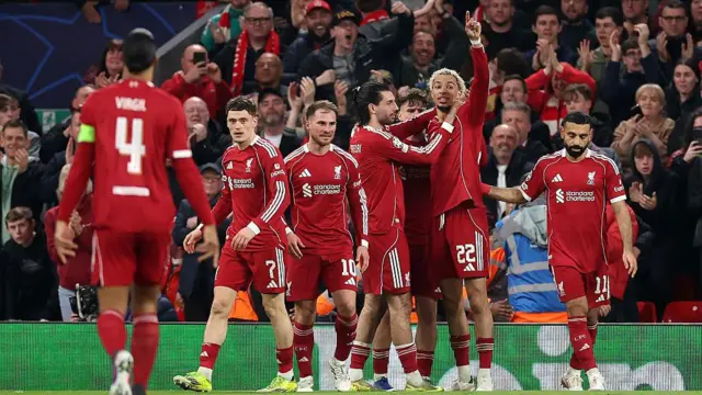  Hugo Ekitike of Liverpool celebrates scoring his team's second goal