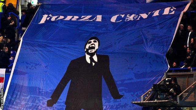 Chelsea fans displayed a banner in support of Antonio Conte during the game