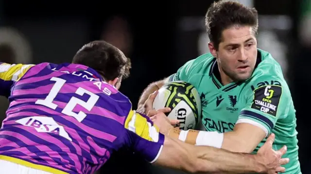 Enrico Lucchin challenges Connacht's Santiago Cordero 