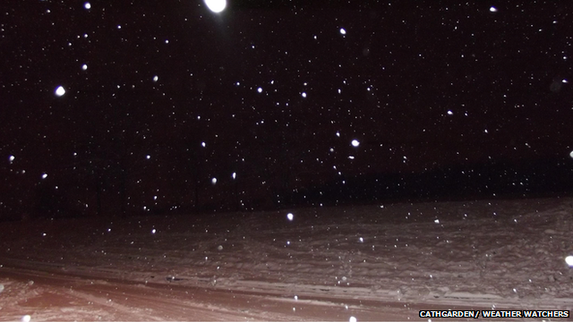 Snow falling at night