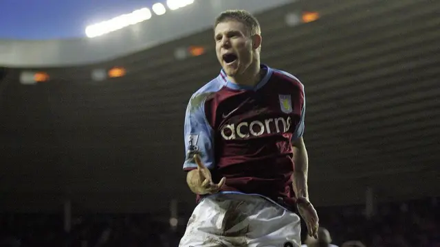 James Milner of Aston Villa celebrates scoring