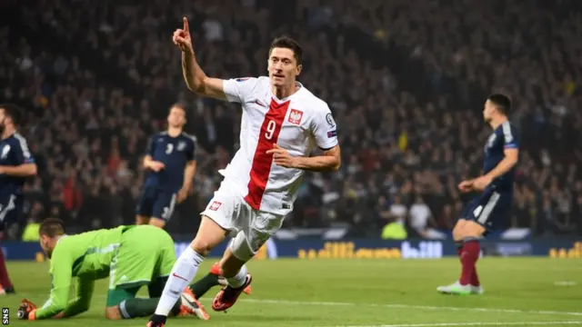 Robert Lewandowski moves off to celebrate giving his country the opening goal at Hampden