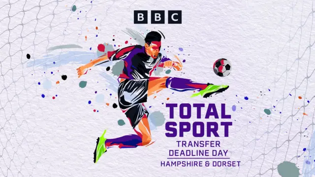 A light purple background with footballer painted in watercolours in action kicking a ball next to the words 'total sport transfer deadline day hampshire and dorset'