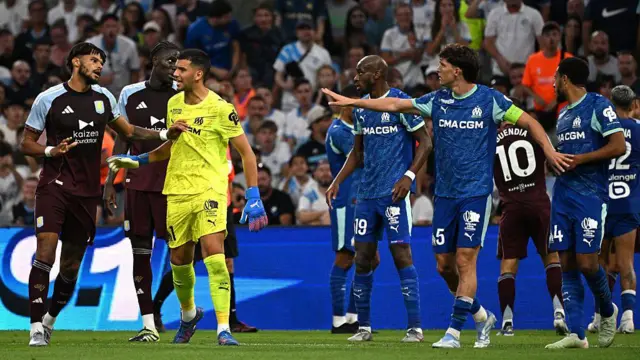 Tyrone Mings leads Villa protests as players of Aston Villa and Marseille argue during the pre-season friendly