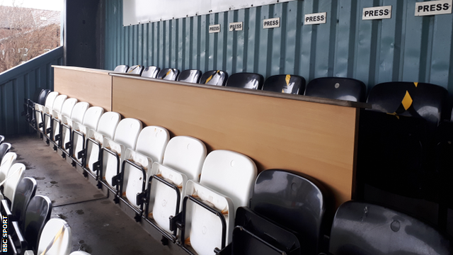 The press box at the Marine Travel Arena