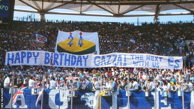 Lazio fans hold up a banner wishing Gascoigne a happy birthday