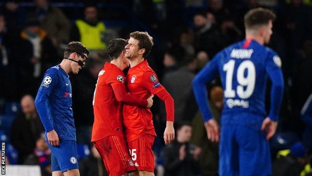 Bayern Munich celebrate scoring against Chelsea in the Champions League at Stamford Bridge