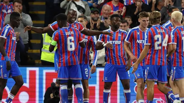 Jean-Philippe Mateta and Crystal Palace celebrate as Mateta scores against Fredrikstad