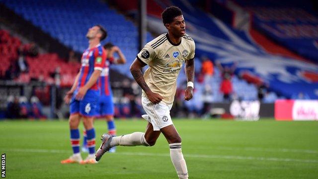 Marcus Rashford celebrates scoring Manchester United's first goal at Selhurst Park
