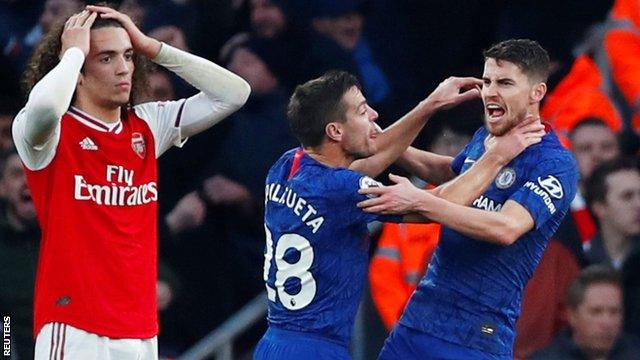 Jorginho celebrates scoring for Chelsea against Arsenal