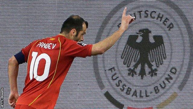 North Macedonia's Goran Pandev celebrates scoring during a World Cup 2022 qualifier against Germany