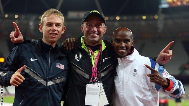 Alberto Salazar (centre) celebrates Sir Mo Farah (right) winning gold in the 10,000m final at the London 2012 Olympics with team mate and silver medalist Galen Rupp (left)