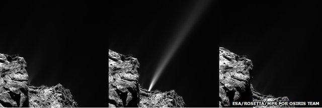 three photos of a jet emerging from the comet