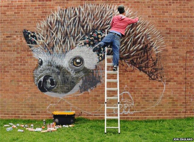 The hedgehog mural in progress. Artist Louis Masai, SAW and Somerset Wildlife Trust - Routes to the River Tone.