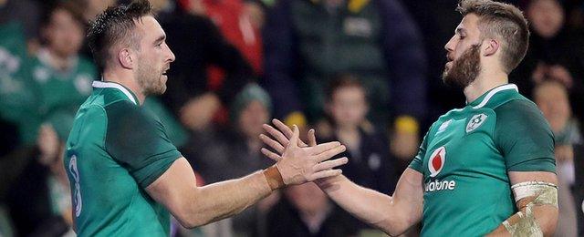 Ireland try-scorer Jack Conan (left) celebrates with Stuart McCloskey