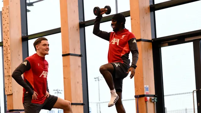 Florian Wirtz and Jeremy Frimpong in the gym at Liverpool's training ground