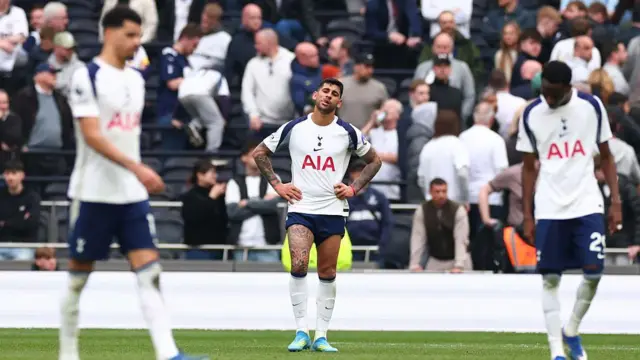 A dejected Cristian Romero of Tottenham Hotspur during the Premier League match between Tottenham Hotspur and Nottingham Forest.