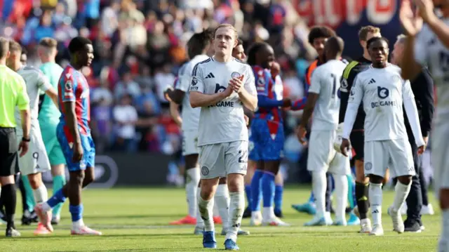 Oliver Skipp applauds the Leicester City fans after the Foxes' 2-2 draw at Crystal Palace in the Premier League