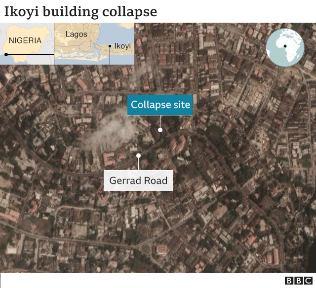 Map showing building collapse site