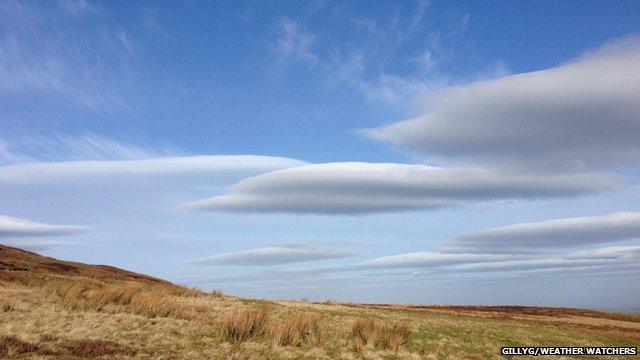 A tranquil country scene with several lens-shaped clouds within the sky
